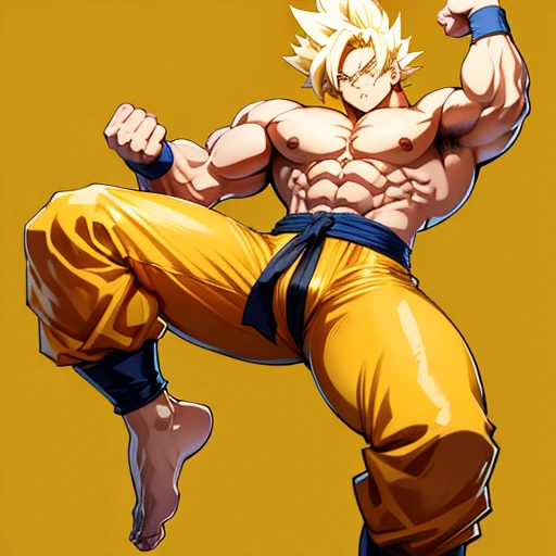 A detailed anime-style drawing of Son Goku as a Super Saiyan. blond hair, Big muscles, Bodybuilder body, Bare torso, barefoot, sole of the foot, Toes. tense biceps, g-string, Bodybuilding competition, muscle pose, Bodybuilding