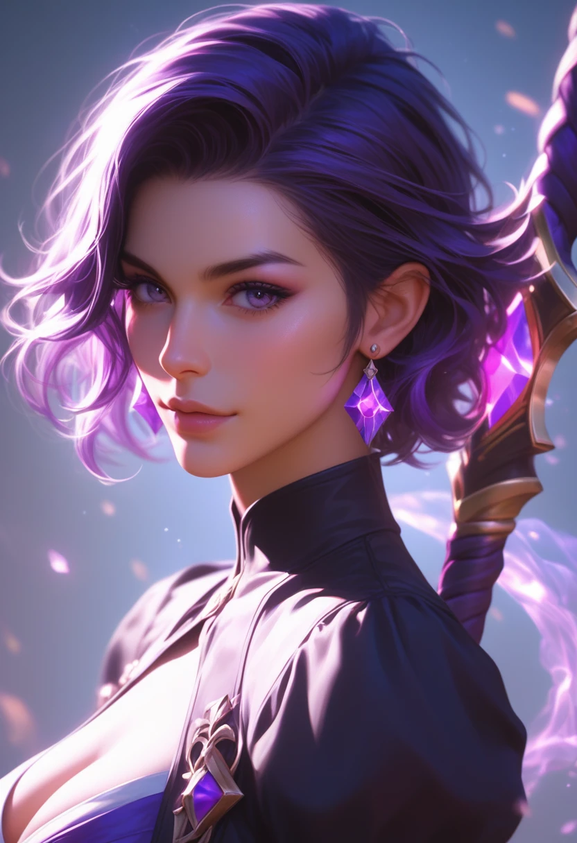 The image depicts a striking anime-style girl character with vibrant purple hair and animal-like features, including what appear to be cat-like ears. The character has a focused, almost melancholic expression, and is holding what looks like a ceremonial sword or scepter. The background is a deep, rich purple, with what seem to be delicate floral designs adding a touch of elegance and mysticism to the overall scene. The overall aesthetic evokes a sense of power, mystery, and a certain captivating otherworldliness. It's a visually striking and intriguing image that draws the viewer in with its detailed character design and atmospheric setting.
