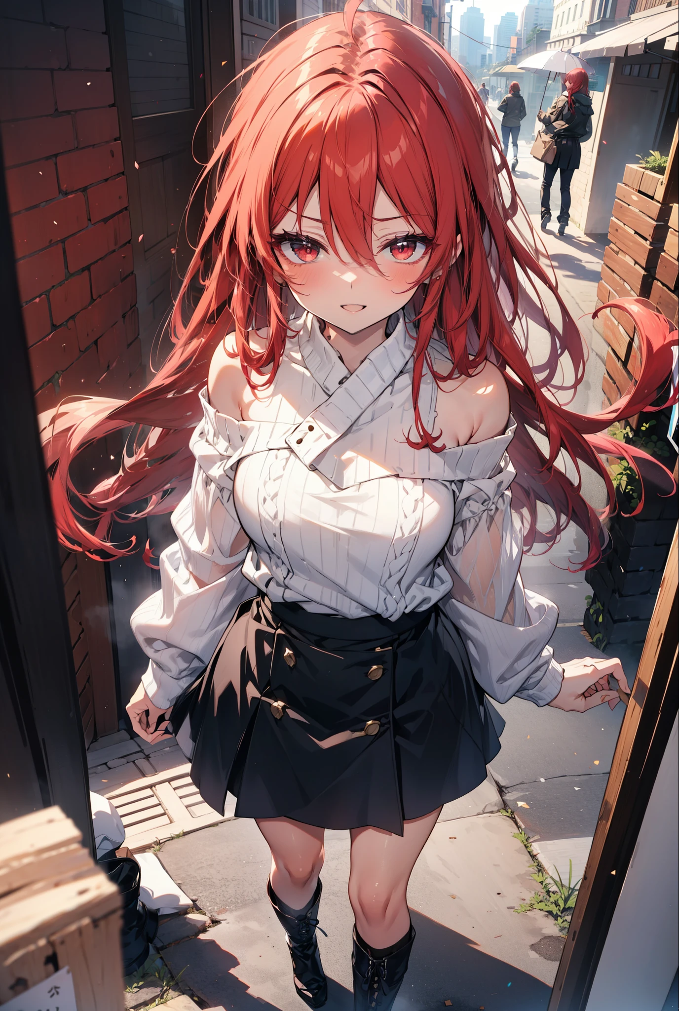 Shana,灼眼のShana,Long Hair, Redhead, Red eyes,Ahoge,happy smile, smile, Open your mouth,Oversized red one-shoulder sweater,black long skirt,short boots,Daytime,sunny,Walking,whole bodyがイラストに入るように, break outdoors, Building district, break looking at viewer, whole body, break (masterpiece:1.2), Highest quality, High resolution, unity 8k wallpaper, (shape:0.8), (Beautiful attention to detail:1.6), Highly detailed face, Perfect lighting, Highly detailed CG, (Perfect hands, Perfect Anatomy),