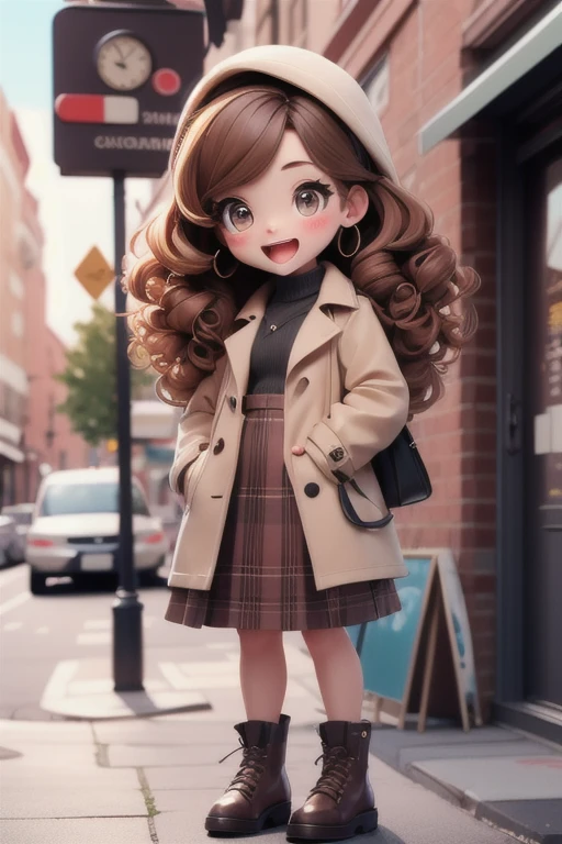 extremely detaild, intricate, work of art, absurderes,1 girl, (\:d:1.0) chibi,bangss, nblurry background, blush, eyes browns, chestnut hair, brown tissue, brown overskirt, trench coat, long hair, curly hair,  long sleeves, gazing at viewer, open trench coat, gaping mouth, plaid overskirt, puffy long sleeves, red sweater, tissue, shirt tucked in, side locks, overskirt, ssmile, standing alone, sweater, white  shirt, ï¼ŒCoffee shop street scene