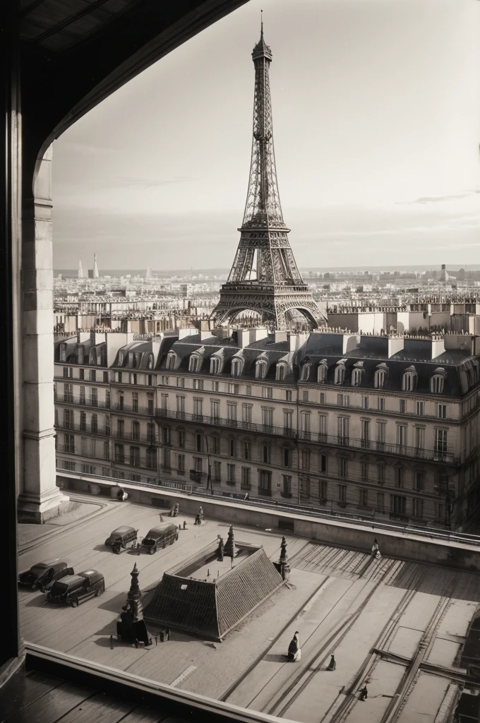 A super-rich woman, blonde, (((eiffel tower in background))), (((nude))), flapper costume, beaded dress, feather headband, Roaring Twenties party, vintage photo, black and white, film grain
