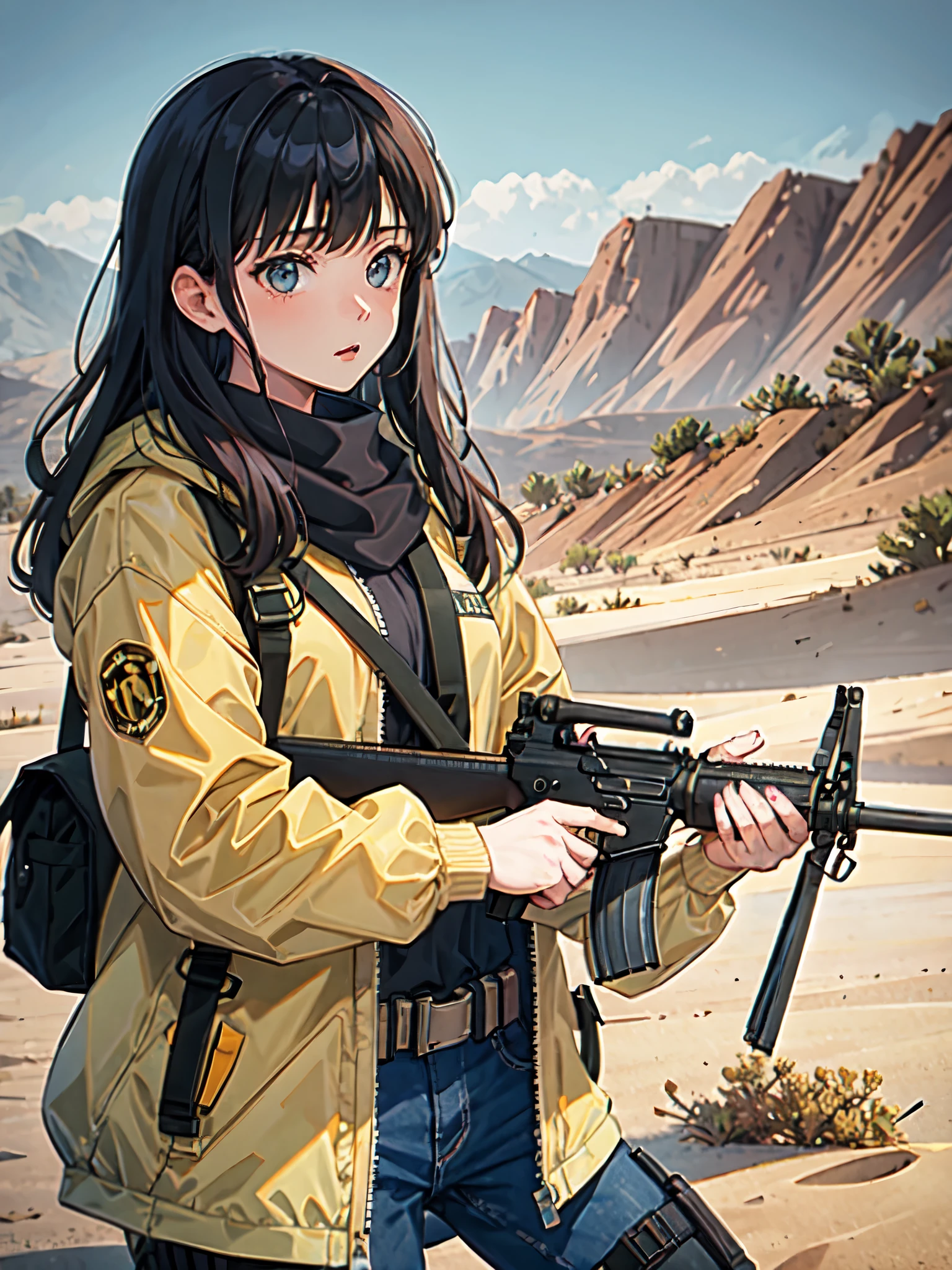 (masterpiece, best quality:1.2), solo, 1girl, using an m16a2, desert backdrop