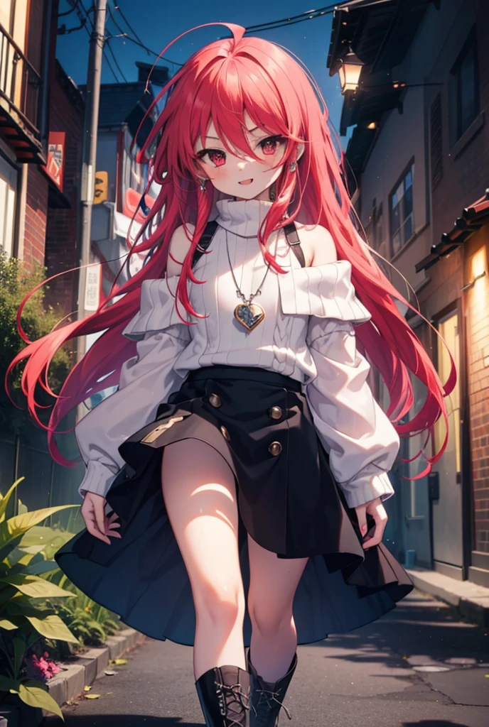 Shana,灼眼のShana,Long Hair, Redhead, Red eyes,Ahoge,happy smile, smile, Open your mouth,Oversized red one-shoulder sweater,black long skirt,short boots,Daytime,sunny,Walking,whole bodyがイラストに入るように, break outdoors, Building district, break looking at viewer, whole body, break (masterpiece:1.2), Highest quality, High resolution, unity 8k wallpaper, (shape:0.8), (Beautiful attention to detail:1.6), Highly detailed face, Perfect lighting, Highly detailed CG, (Perfect hands, Perfect Anatomy),