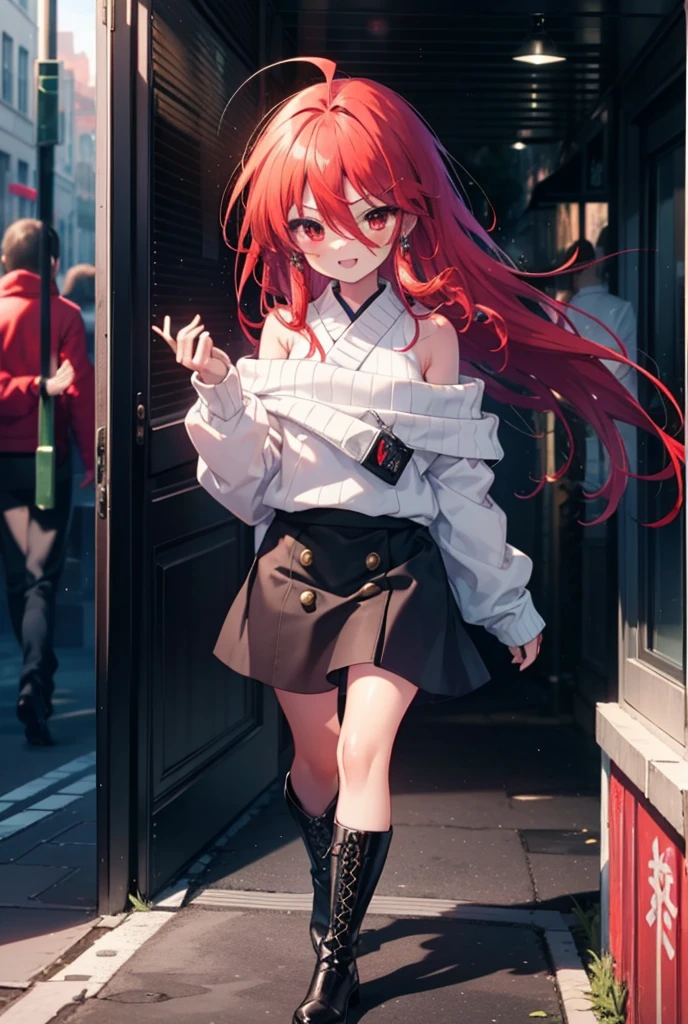 Shana,灼眼のShana,Long Hair, Redhead, Red eyes,Ahoge,happy smile, smile, Open your mouth,Oversized red one-shoulder sweater,black long skirt,short boots,Daytime,sunny,Walking,whole bodyがイラストに入るように, break outdoors, Building district, break looking at viewer, whole body, break (masterpiece:1.2), Highest quality, High resolution, unity 8k wallpaper, (shape:0.8), (Beautiful attention to detail:1.6), Highly detailed face, Perfect lighting, Highly detailed CG, (Perfect hands, Perfect Anatomy),