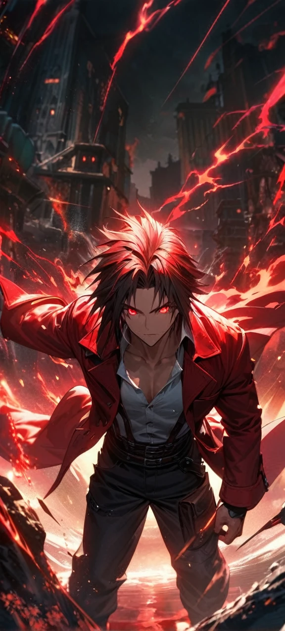 Symetrical,absurdres, highres, ultra detailed, HDR, masterpiece, extremely detailed face and eyes, Genesis raphsodos,final fantasy 7, , , solo, man, handsome, red blazer jacket,, , Epic fight scene,black lightning effect, glowing glitters, , red flames effect, red aura effect, black splashing