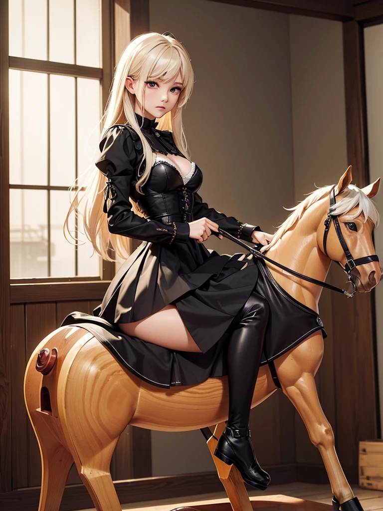 ((((Best Quality, 8K, 32K, masterpiece, 1.2)))),{{solo}},nsfw,{{{Artist: EUPHORIA's style}}},((perfect beautiful face:1.2)), slender body, wearing gothic dress, wearing fishnet tights, bdsm, ((wooden horse, riding on top of wooden horse:1.2)),((peeing, leaking pee from pussy:1.1)), embarrassed, endure of pain,
