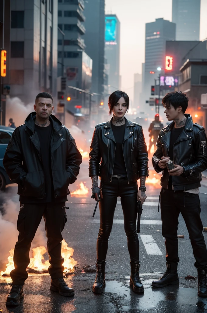 A group of punk rebels in the middle of a riot in a cyberpunk suburb with cars destroyed in flames and shops on fire, many rebels have in their hands Molotov cocktails set fire and futuristic weapons in a dark dystopian cyberpunk future where anarchy and crime reign in a metropolis, an image of the highest quality and rendered with photorealism like that of a reflex camera. 8k highest details