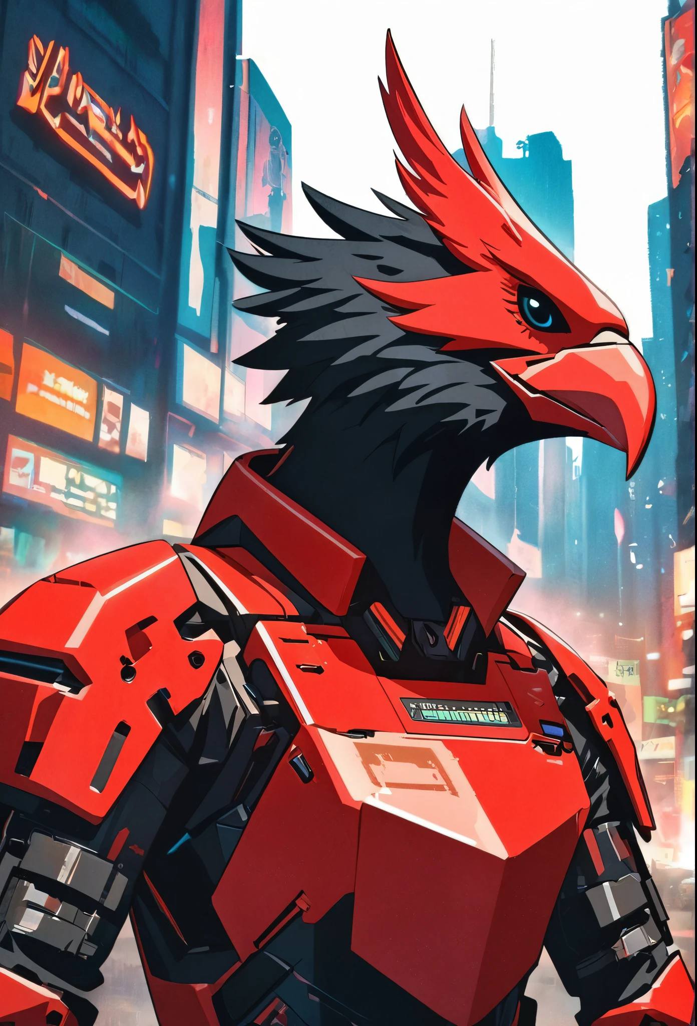 masterpiece, best quality, high res, solo, solo focus, scoundrel, male focus, half-falcon humanoid, (falcon's head), there is a man in a red suit holding a gun, dl44blstr, jett from valorant, badass anime 8 k, Inspired by Ryusei Kishida, falco lombardi from starfox, crow in cyber armour, akira art style, red uniform, crimson attire, tactical radio, red bird, akira style illustration, red armor, akira artstyle, Los Angeles backdrop, cyberpunk atmosphere.