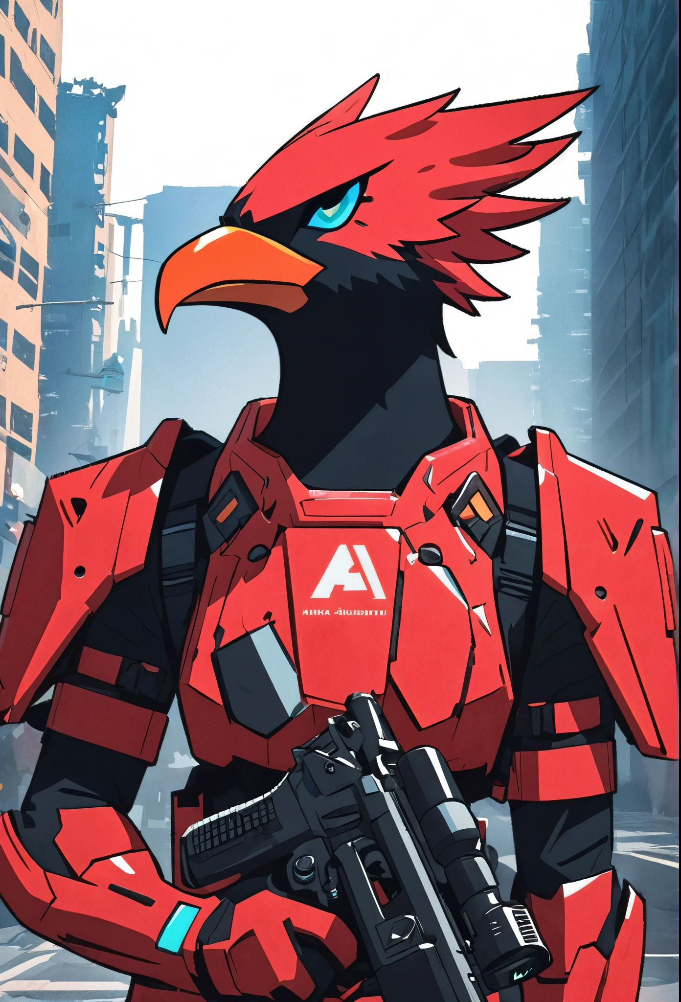 masterpiece, best quality, high res, solo, solo focus, scoundrel, male focus, half-falcon humanoid, (falcon's head), there is a man in a red suit holding a gun, dl44blstr, jett from valorant, badass anime 8 k, Inspired by Ryusei Kishida, falco lombardi from starfox, crow in cyber armour, akira art style, red uniform, crimson attire, tactical radio, red bird, akira style illustration, red armor, akira artstyle, Los Angeles backdrop, cyberpunk atmosphere.