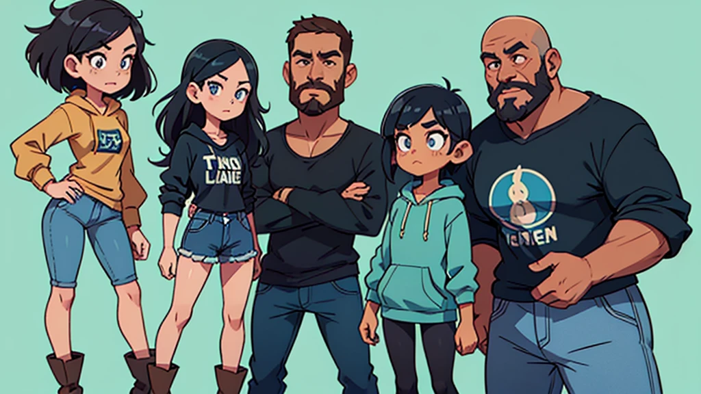 a woman with a heart shaped face, blue eyes, pretty eyeshadow, shoulder length blue black hair, slightly tan skin tone, wearing a pastel green hoodie and black leggings, bare feet standing next to a tall bald man with a rectangular face, black full mustache and beard, brown eyes, wearing a gray collared shirt and jeans, cowboy boots