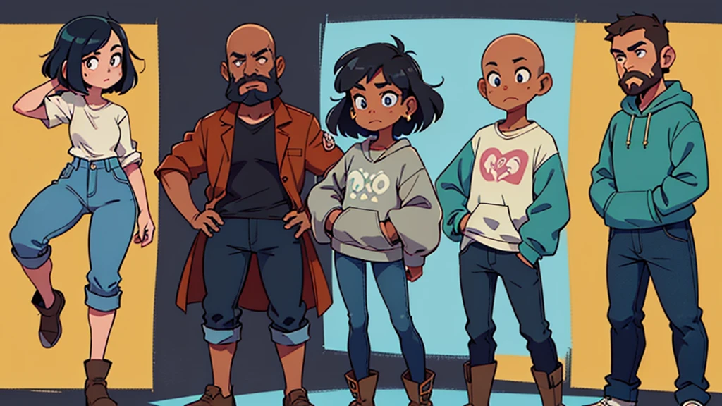 a woman with a heart shaped face, blue eyes, pretty eyeshadow, shoulder length blue black hair, slightly tan skin tone, wearing a pastel green hoodie and black leggings, bare feet standing next to a tall bald man with a rectangular face, black full mustache and beard, brown eyes, wearing a gray collared shirt and jeans, cowboy boots