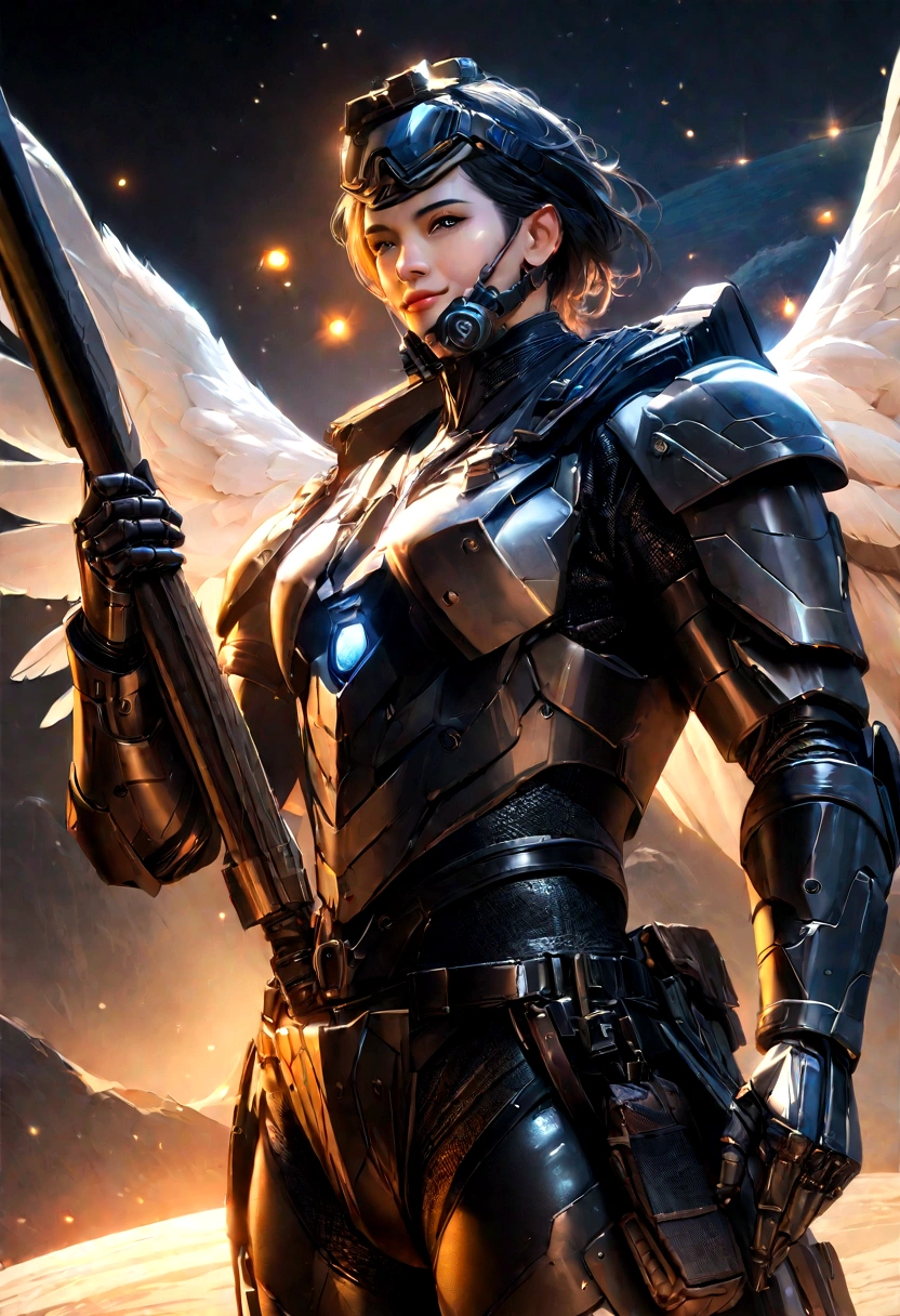 a young man in a fantasy power armor, smiling, with black hair, wearing protective goggles, white wings, on a planet, holding a weapon, LimitBreakStyler, Fntsy4k, best quality, 4k, 8k, highres, masterpiece:1.2, ultra-detailed, realistic, photorealistic, photo-realistic:1.37, HDR, UHD, studio lighting, ultra-fine painting, sharp focus, physically-based rendering, extreme detail description, professional, vivid colors, bokeh