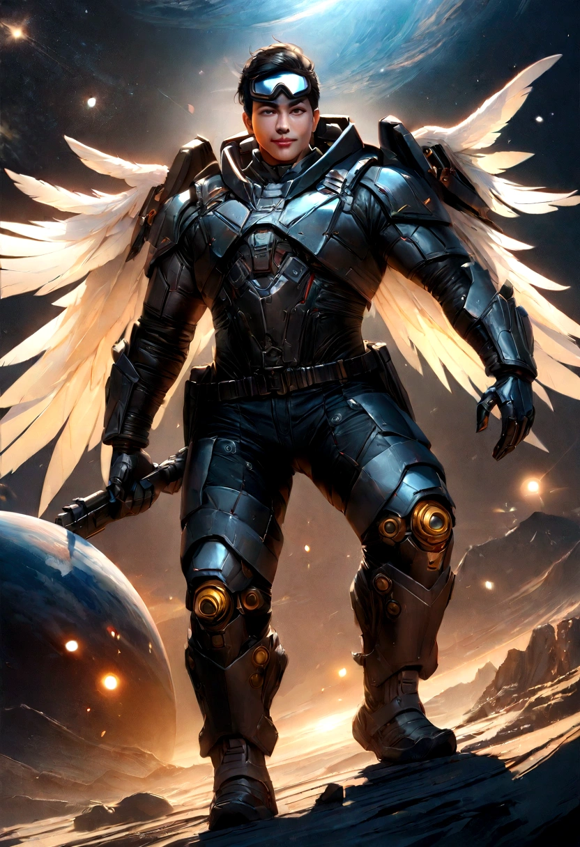 a young man in a fantasy power armor, smiling, with black hair, wearing protective goggles, white wings, on a planet, holding a weapon, LimitBreakStyler, Fntsy4k, best quality, 4k, 8k, highres, masterpiece:1.2, ultra-detailed, realistic, photorealistic, photo-realistic:1.37, HDR, UHD, studio lighting, ultra-fine painting, sharp focus, physically-based rendering, extreme detail description, professional, vivid colors, bokeh