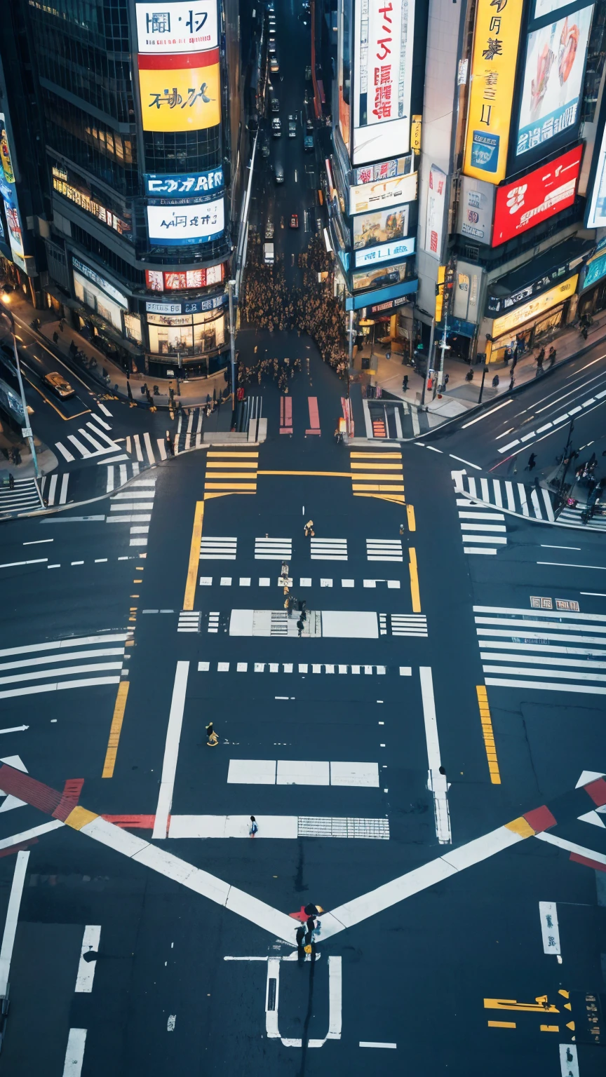 Shibuya Scramble Crossing、Composition seen from above、people々Looks small、沢山のpeopleが一斉に横断歩道を渡る、