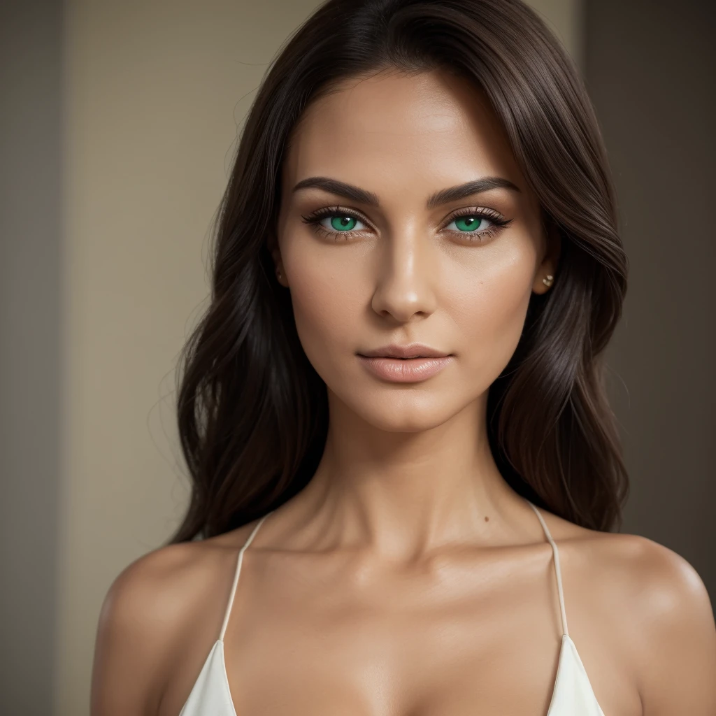 ((best quality)), ((masterpiece)), (detailed), perfect face Beautiful stunning perfect face, long_hair, green eyes, gorgeous, stunning adult 35yo woman, photograph of Maria Fumagelli, Full body, full body image, flirtatious short sundress, some cleavage, top, hot girl, Italian features (masterpiece), morning, morning time, standing, wearing a colourful flirtatious stylish short dress, slender legs, cute platform wedge shoes, fashion photoshoot in studio, perfect happy woman, extremely detailed photo of a strikingly stunning woman, hyper-detailed full body shot of a woman, photographed on a Sony a7iv, 24mm lens, F/4, HDR, (cinematic lighting), (dramatic lighting), (sharp focus), (intricate), fashion, realistic skin texture, (( perfect anatomy)), ((detailed face:1.2)), ((detailed facial features detailed skin), masterpiece), (perfect proportion), (realistic photo), (best quality: 1.6), (detailed)image depicts a person with a clear complexion and a striking appearance.facial features include arched eyebrow, expressive eyes with dark mascara, and a subtle cat-eye liner.lips that appear to have a natural or a nude shade of lipstick. The skin is smooth and has a matte finish, suggesting the use of foundation. The lighting is soft and diffused, providing an even illumination across the person's face and upper body without harsh shadows.