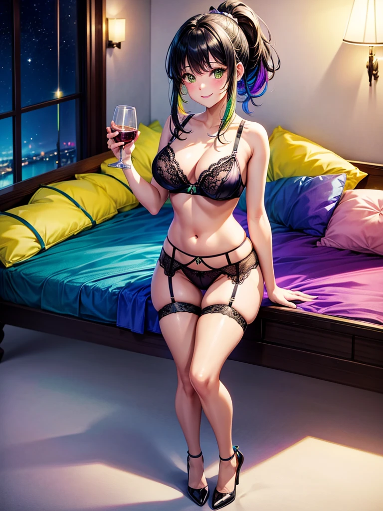 Highest quality,Highest Resolution,４K quality,Smiling beautiful girl,Full body close-up,Drink a glass of water,,Yellow-green eyes,Black hair ponytail,,Iridescent Bra,Iridescent underwear,High leg,Rainbow garter belt,Rainbow colored knee-high stockings,Dark bedroom at night,Purple bedding,Iridescent underwear,Standing posture,