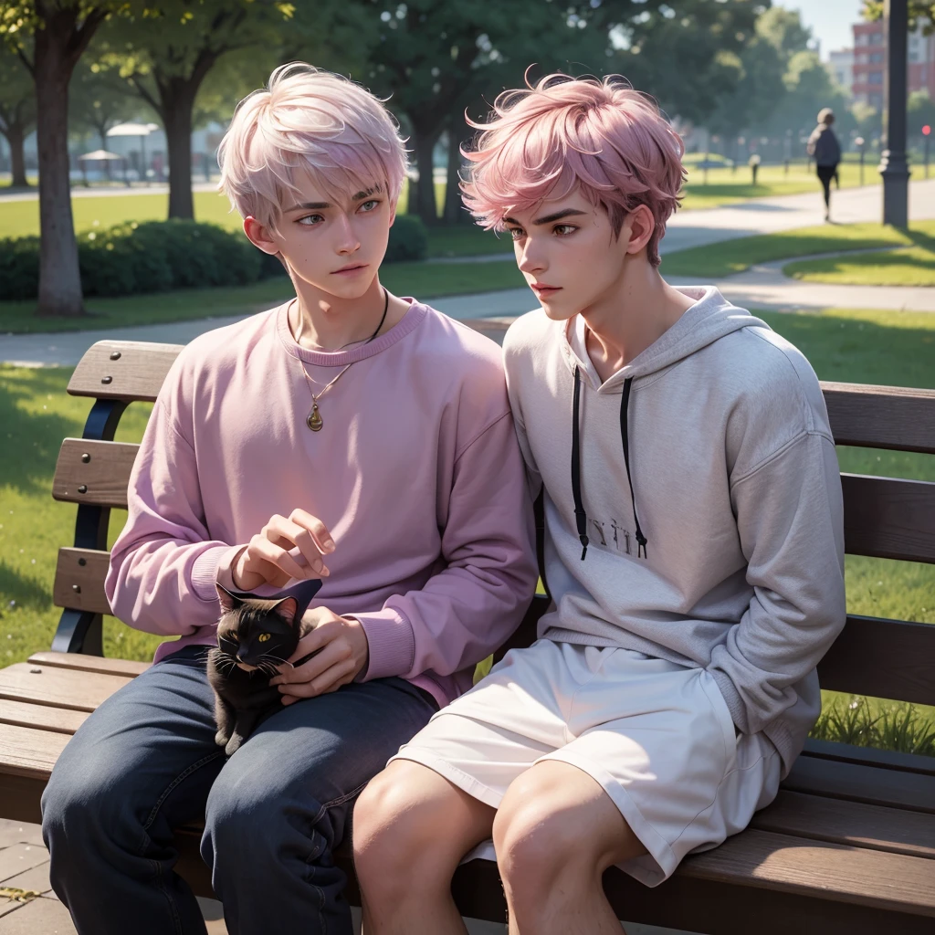 (Realistic style) 1 man, young man, focus alone, adult, young adult face, short pink hair, wavy hair, purple eyes, white sweatshirt casual clothing, stroking a 1 black cat sitting on a bench in a park, perfect cat, detailed cat, realistic and dynamic pose Realistic, detailed and correct facial structure