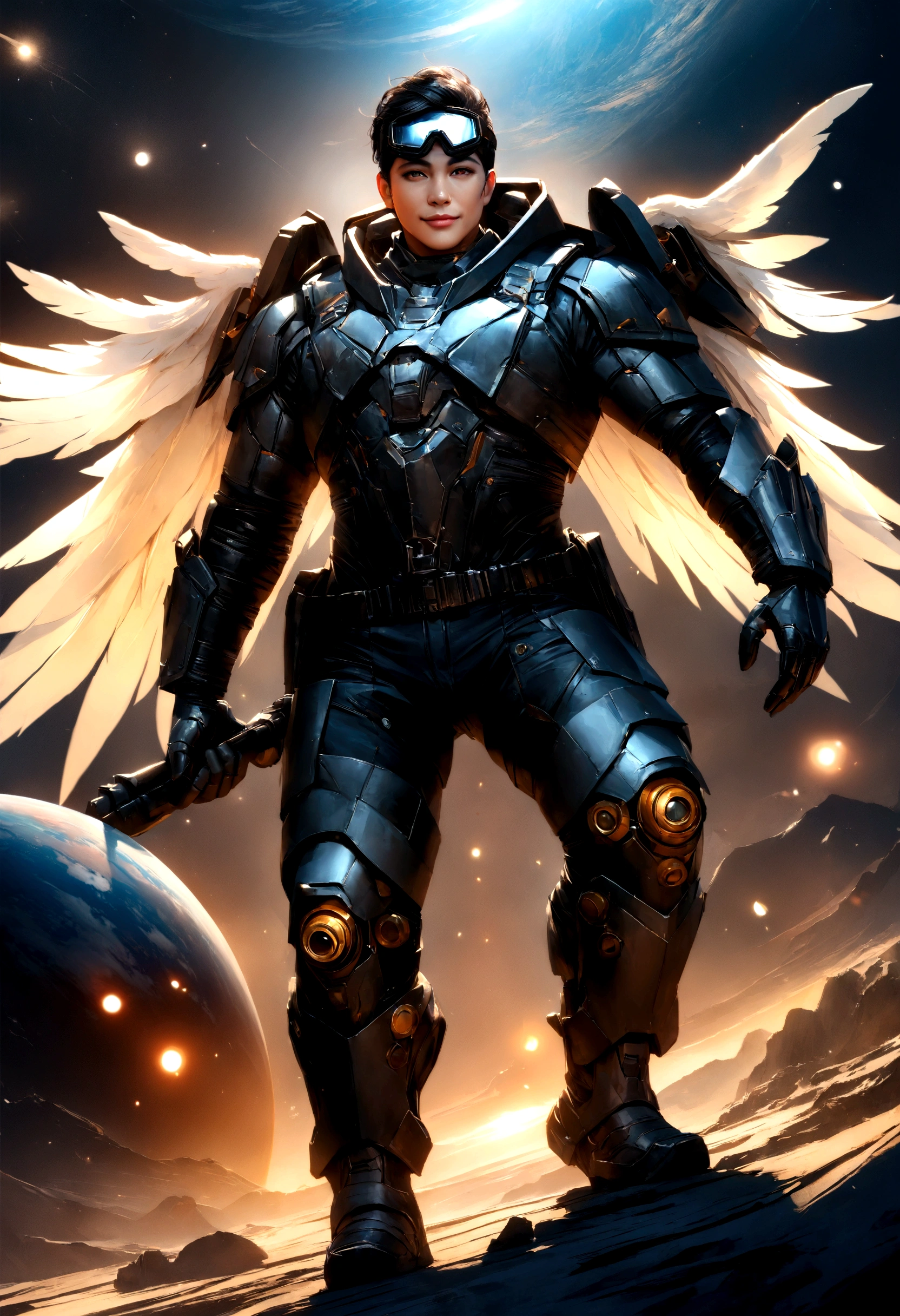 a young man in a fantasy power armor, smiling, with black hair, wearing protective goggles, white wings, on a planet, holding a weapon, LimitBreakStyler, Fntsy4k, best quality, 4k, 8k, highres, masterpiece:1.2, ultra-detailed, realistic, photorealistic, photo-realistic:1.37, HDR, UHD, studio lighting, ultra-fine painting, sharp focus, physically-based rendering, extreme detail description, professional, vivid colors, bokeh