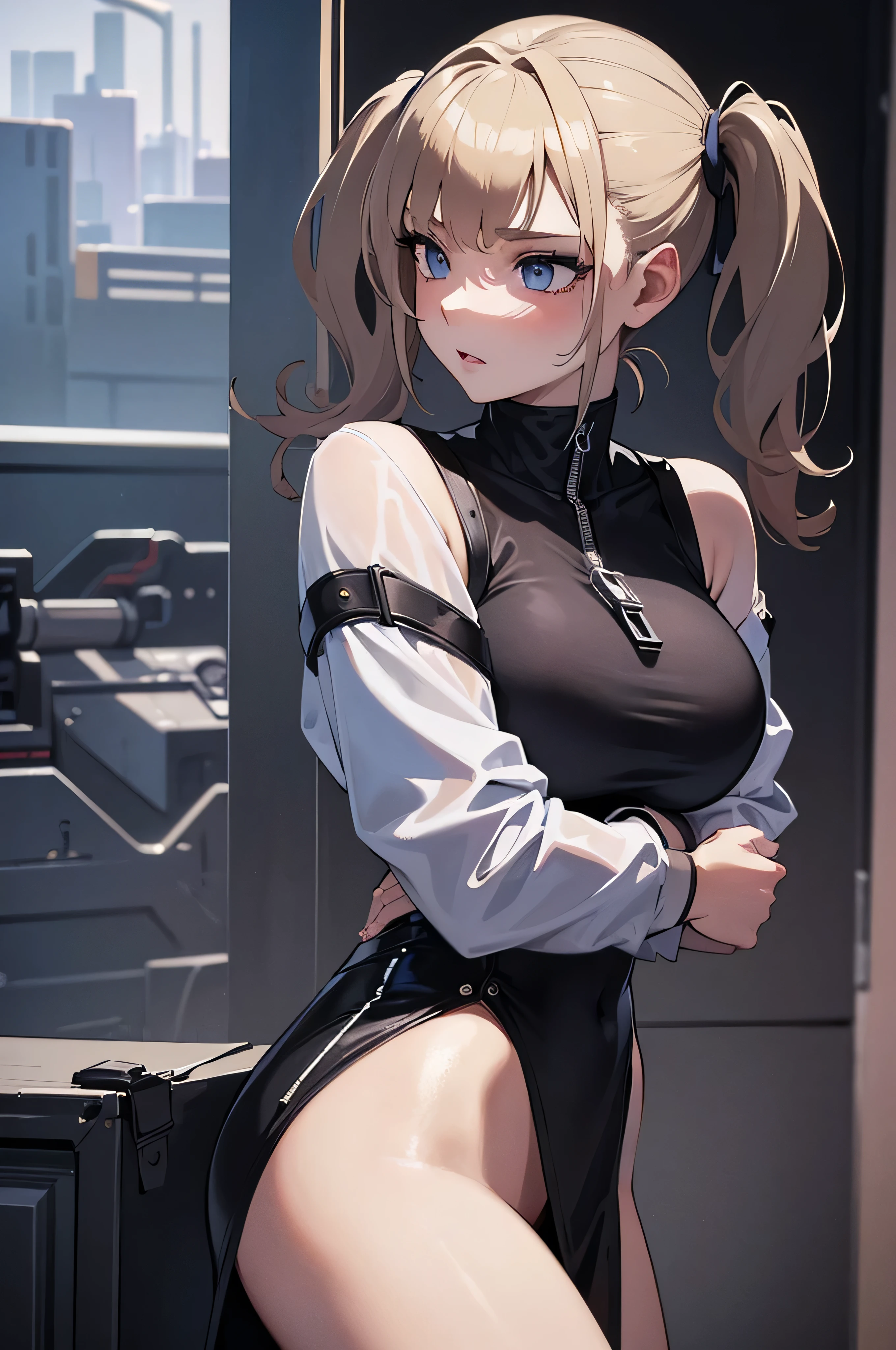 (masterpiece, best quality: 1.2, Ultra detailed, realistic), une fille, in profile, very detailed face, tout le corps, cyberpunk, hairstyle with pigtails, vulgar, sexly, collant noirs, Jupe moulante, beautiful breasts, beau cul rebondi, wide hip, hot, provocative