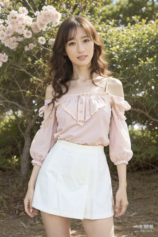Original Photography，Cover Art，art by Cornflower, Dreamy, cherry_开flower, come down_flower瓣, flower瓣, Branches, pink_flower, 1 Girl,20 years old, blue_Sky, spring_(seasexist), flower瓣_exist_liquid, flower, flower见, skirt, (Lexistg blexistd curly hair：1.5),Wearing a wreexisth,Sky, outdoor, cloud, Bangs, Smile, pink_Eye, White skirt with cherry blossom embellishments, only_Shoulder, earrings, Keep_flower, wind, Tree, Watching_exist_Viewer,Cowboy shooting,