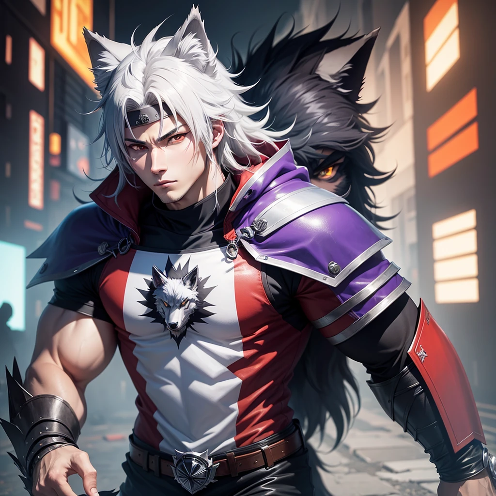 White haired male stalker with wolf ears, red eyes, wolfboy, gorgeous man of athletic bearing, warrior vetiments, webtoon anime style