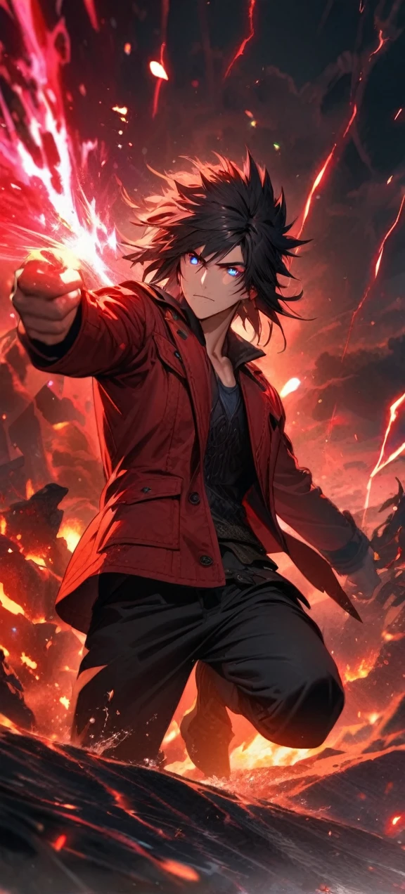 Symetrical,absurdres, highres, ultra detailed, HDR, masterpiece, extremely detailed face and eyes, Genesis raphsodos,final fantasy crisis core, , , solo, man, handsome, red blazer jacket,, , Epic fight scene,black  lightning effect, glowing glitters, ,black flames effect, red aura effect, black splashing