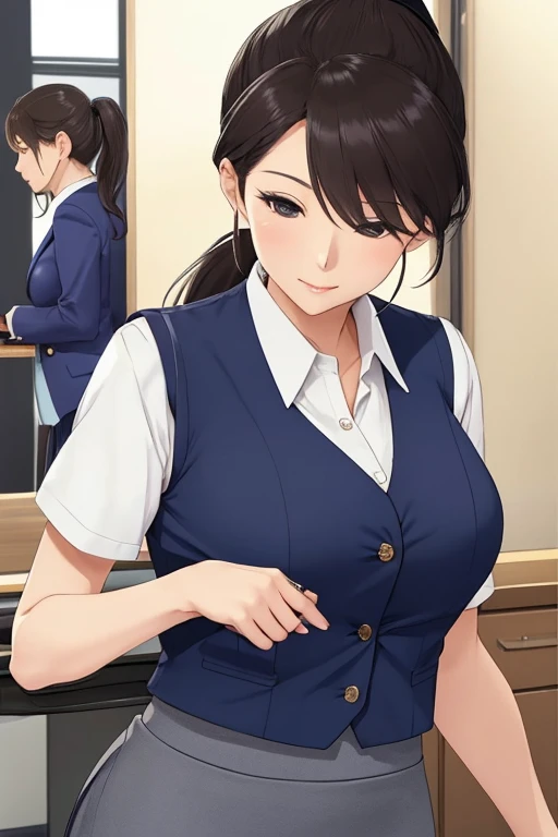 Mature woman in her early 40s、Japanese、ponytail、Beautiful Face、Office worker uniform、Navy blue vest、Pencil Skirt、 (whole body, Zoom out:1.1)