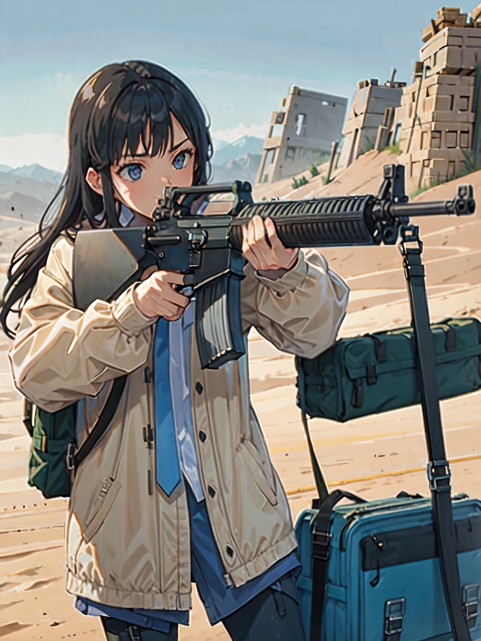 (masterpiece, best quality:1.2), solo, 1girl, using an m16a2, desert backdrop