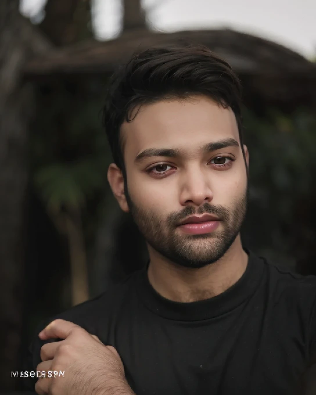 A beautiful young bearded man with highly detailed skin.black hair.happy emotion