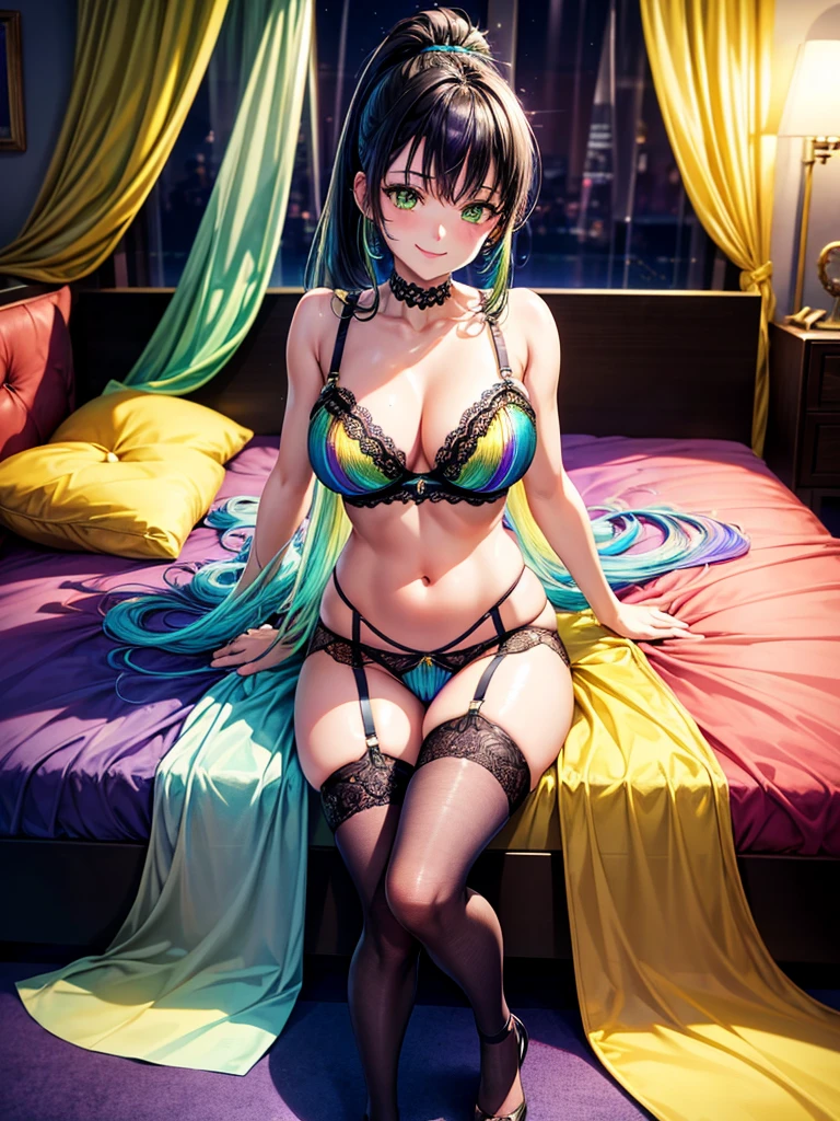 Highest quality,Highest Resolution,4K quality,Smiling beautiful girl,Full body close-up,Drink a glass of water,,Yellow-green eyes,Black hair ponytail,,Iridescent Bra,Iridescent underwear,High leg,Rainbow garter belt,Rainbow colored knee-high stockings,Dark bedroom at night,Purple bedding,Iridescent underwear,Standing posture,