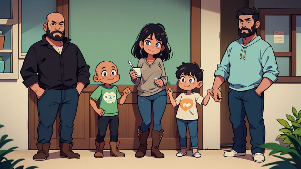 ultra high quality, husband and wife standing next to eachother smiling, husband is a tall bald man with a rectangular face, black full mustache and beard, brown eyes, wearing a gray collared shirt and jeans, cowboy boots, wife is a woman with a heart shaped face, blue eyes, pretty eyeshadow, shoulder length blue black hair, slightly tan skin tone, wearing a pastel green hoodie and black leggings, bare feet standing together happily