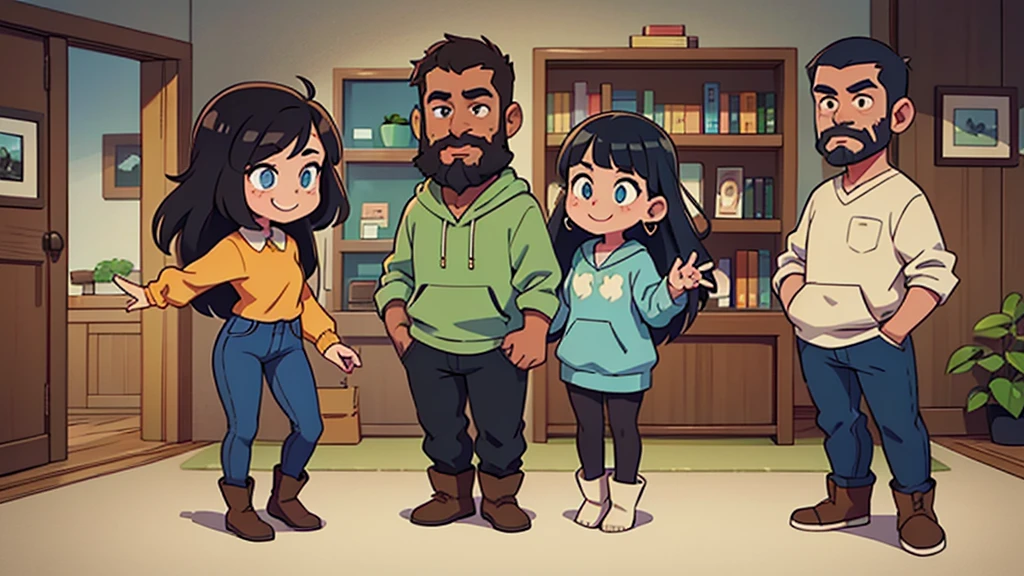 ultra high quality, husband and wife standing next to eachother smiling, husband is a tall bald man with a rectangular face, black full mustache and beard, brown eyes, wearing a gray collared shirt and jeans, cowboy boots, wife is a woman with a heart shaped face, blue eyes, pretty eyeshadow, shoulder length blue black hair, slightly tan skin tone, wearing a pastel green hoodie and black leggings, bare feet standing together happily