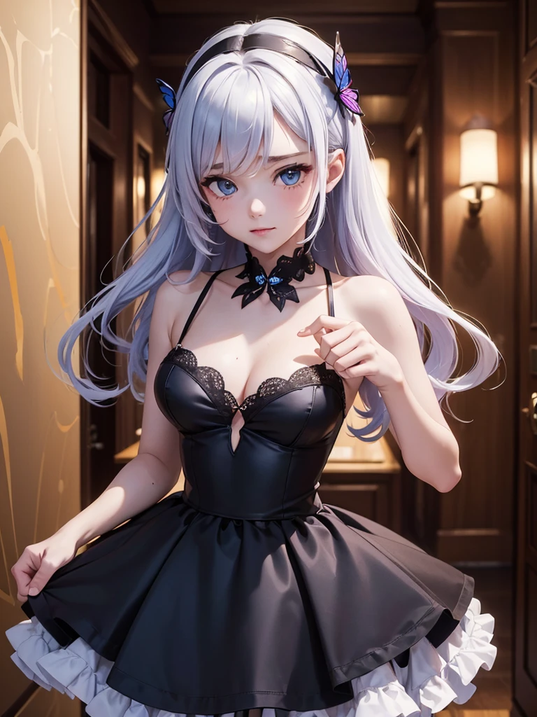 ((((Best Quality, 8K, 32K, masterpiece, 1.2)))),{{solo}},nsfw,{{{Artist: EUPHORIA's style}}},((perfect beautiful face:1.2)),  in love hotel, wearing butterfly dress, netorare, netorare face, spreading pussy with fingers, embarrassed, high quality of vagina, vivid pussy,((a lot of public hairs:1.1)),