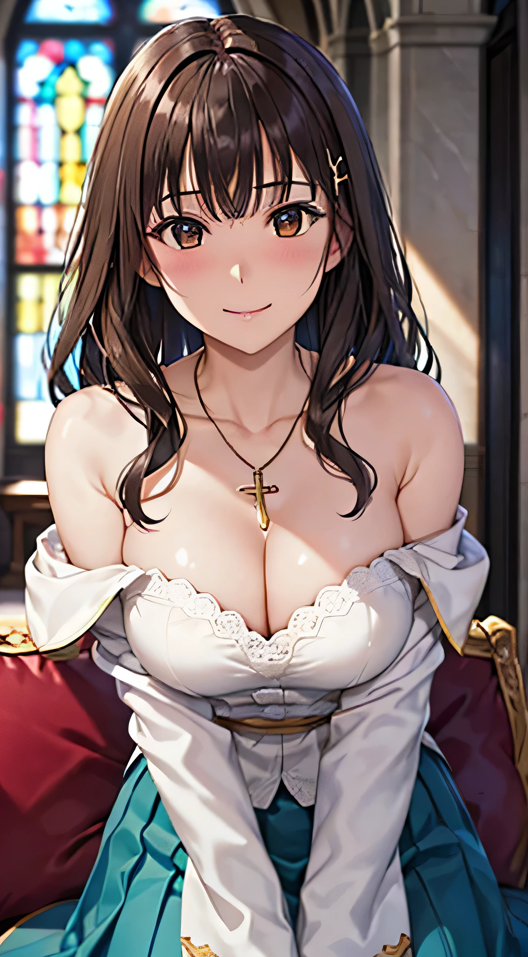 ((Tabletop, Highest quality, High resolution, , Pixel Perfect, 4K,))), 1 female, 、The whole body is visible、 ((Long Wavy Hair, bangs, Brown Hair)), ((Brown eyes, Beautiful eyelashes, Realistic eyes)), ((Detailed face, Blushing:1.2)), ((Smooth texture:0.75, Realistic texture:0.65, Realistic:1.1, Anime CG Style)), Medium sized breasts, Dynamic Angle, Perfect body, (( , , Beautiful Priest、、 Priest off-shoulder jacket、Pleat Long Flare Skirt、、)), Gold Hair Ornament、Cross Necklace、、Very embarrassing panic smile, 、Gorgeous church basilica、、、、Hold a big Bible、Sit on the sofa、、、Lace panties are visible、Bring your arms together、、、、 、Angle from below)、