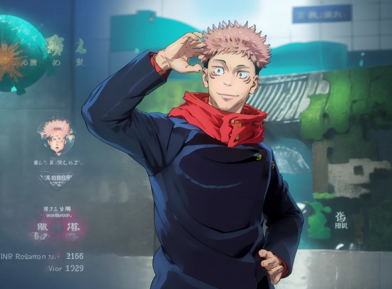 masterpiece, best quality, 1boy, itadori yuuji, pink hair, spiked short hair, undercut, brown eyes, facial mark, red hoodie, gakuran, jacket, upper body, solo, looking at viewer, smile, simple background best quality, high resolution, distinct image, Cinematic light, intricate_detail, highres, official art, finely detailed beautiful face, high-resolution illustration, 8k, dark intense shadows,  Dynamic Range, tonemapping, crisp details, Beautiful Finger,Beautiful body,Beautiful Nose,Beautiful character design, (perfect eyes), perfect face,expressive eyes,perfect balance, rule of three