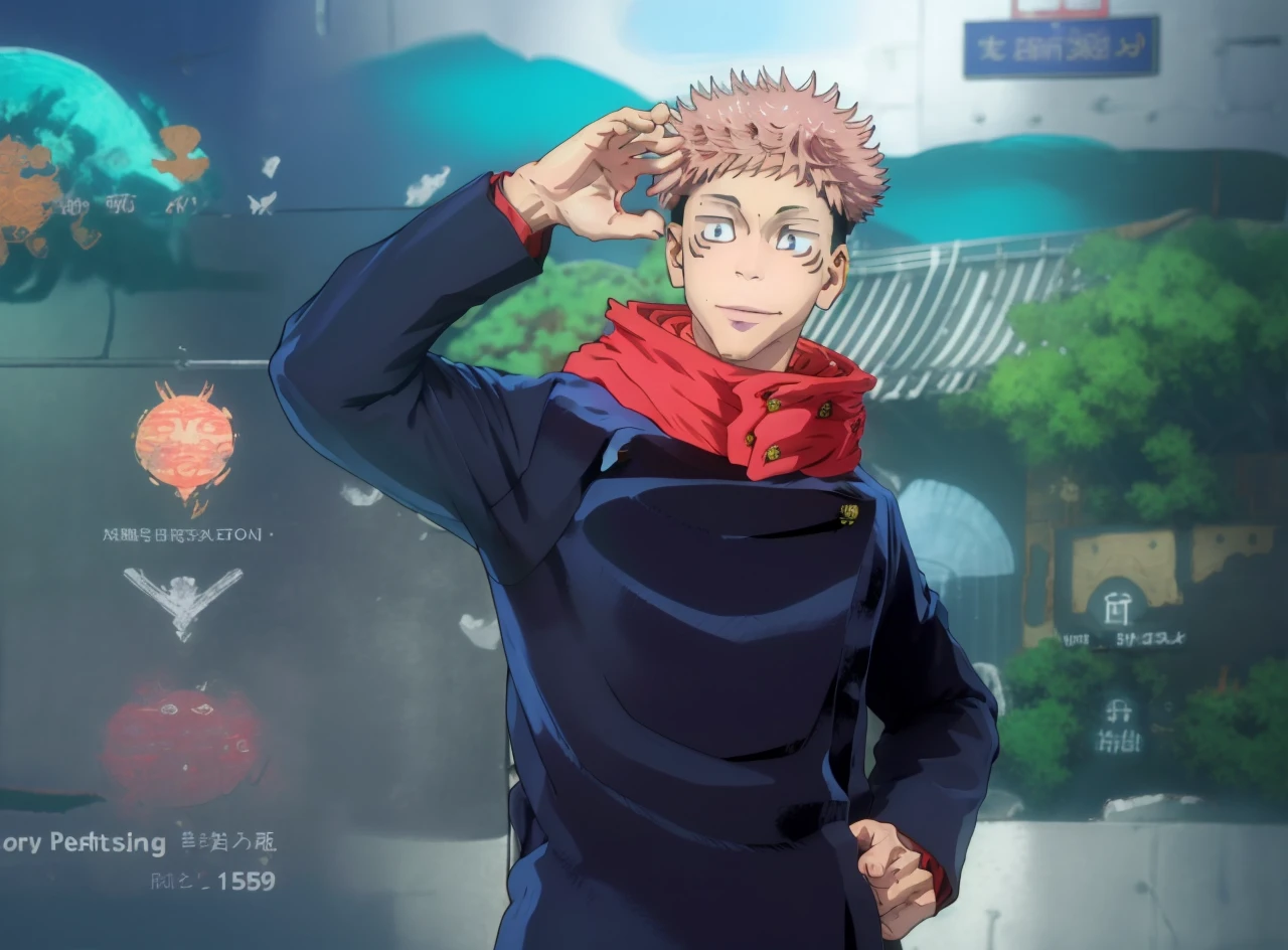 masterpiece, best quality, 1boy, itadori yuuji, pink hair, spiked short hair, undercut, brown eyes, facial mark, red hoodie, gakuran, jacket, upper body, solo, looking at viewer, smile, simple background best quality, high resolution, distinct image, Cinematic light, intricate_detail, highres, official art, finely detailed beautiful face, high-resolution illustration, 8k, dark intense shadows, Dynamic Range, tonemapping, crisp details, Beautiful Finger,Beautiful body,Beautiful Nose,Beautiful character design, (perfect eyes), perfect face,expressive eyes,perfect balance, rule of three