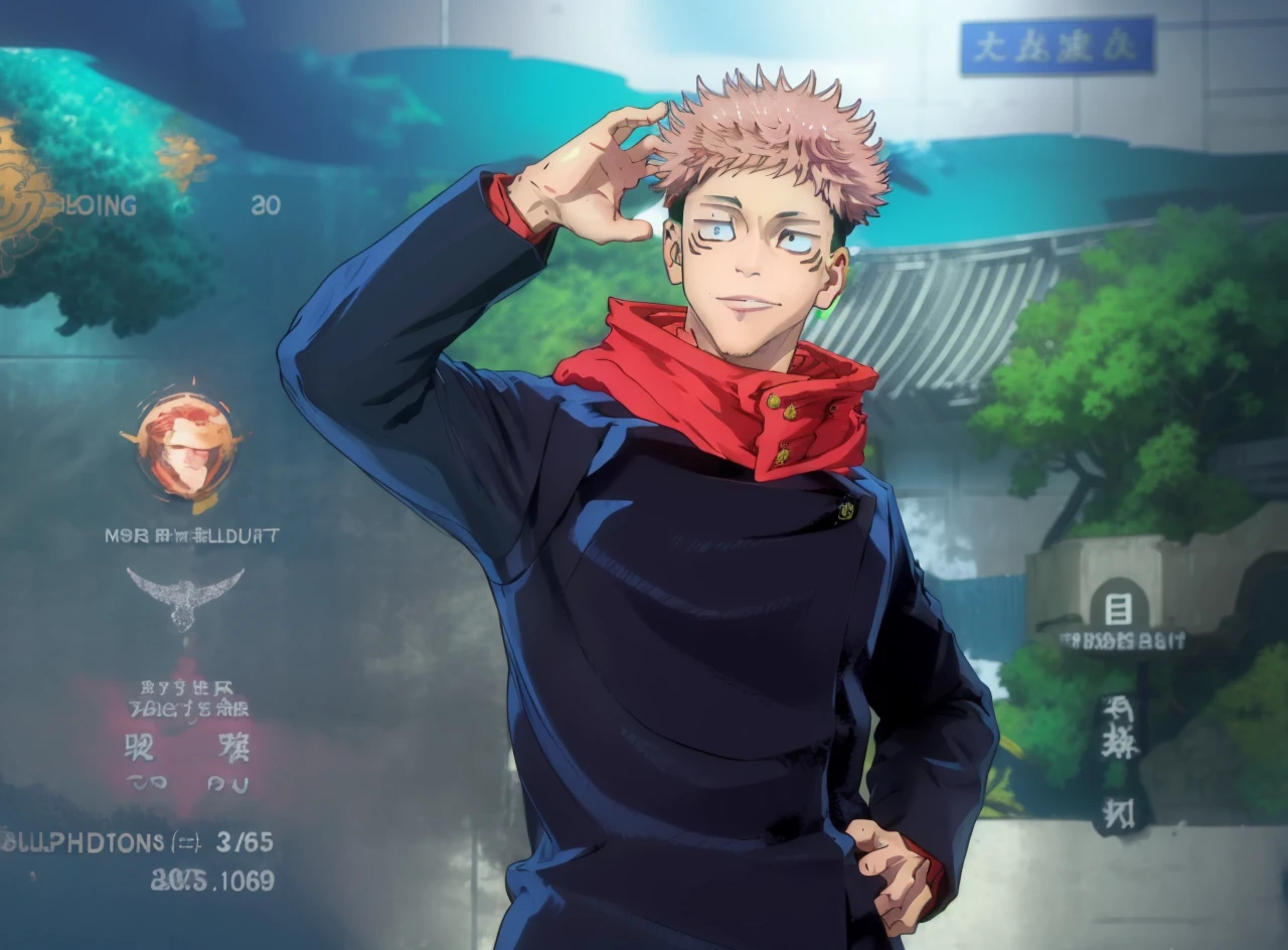 masterpiece, best quality, 1boy, itadori yuuji, pink hair, spiked short hair, undercut, brown eyes, facial mark, red hoodie, gakuran, jacket, upper body, solo, looking at viewer, smile, simple background best quality, high resolution, distinct image, Cinematic light, intricate_detail, highres, official art, finely detailed beautiful face, high-resolution illustration, 8k, dark intense shadows,  Dynamic Range, tonemapping, crisp details, Beautiful Finger,Beautiful body,Beautiful Nose,Beautiful character design, (perfect eyes), perfect face,expressive eyes,perfect balance, rule of three