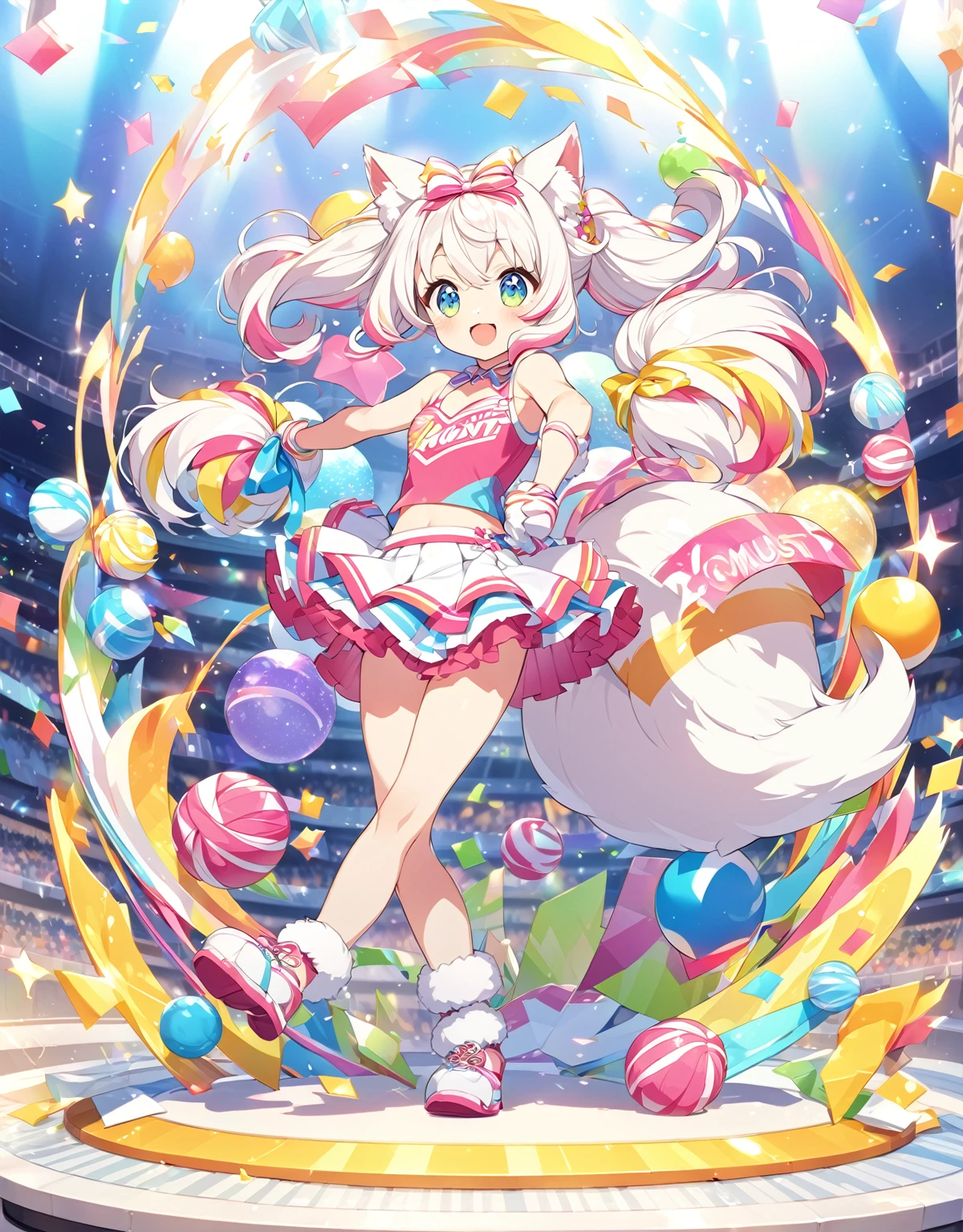 a cheerful nekogirl in an anime style scenery, detailed beautiful face and eyes, fluffy fox tail, cat ears, wearing a cheerleader outfit, dynamic pose, vibrant colors. Super cutie, you must love her.
Entire figure art