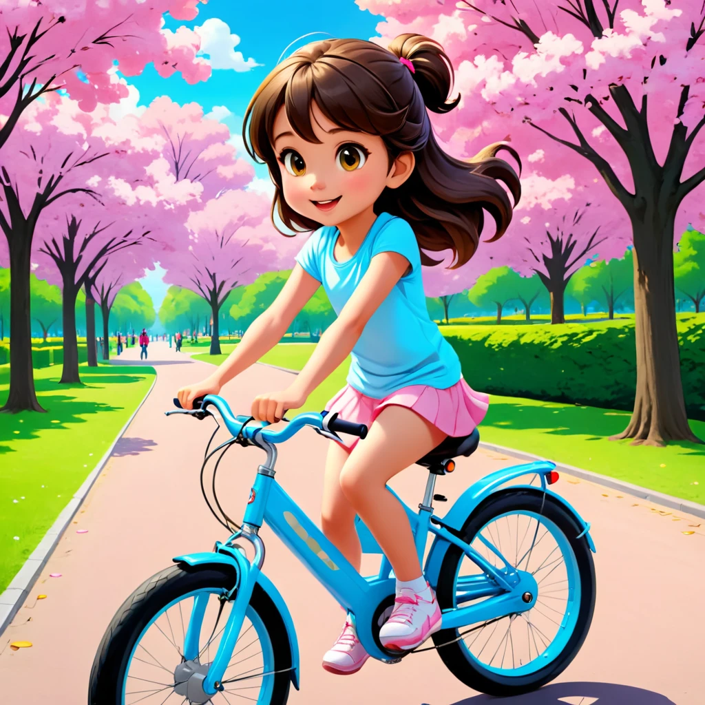 a cute  girl is riding a bike in a park, highres, high quality, masterpiece, amazing, beautiful, breathtaking, astonishing, brilliant, incredible,