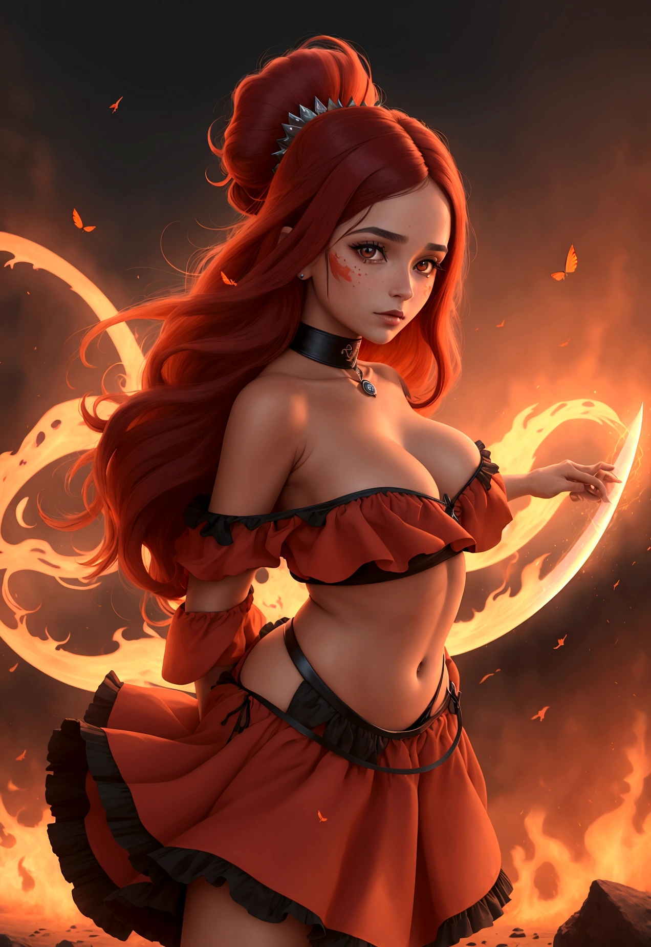 uma linda garota morena com cabelo rot escuro, face perfect, work of art, ultra high resolution, high qualiy, 4K, olhos rots como fogo, cabelos rots escuro, rot, red butterfly, Buffalo, sharp sword, Tuuli, wind, rot, red long circle skirt, hurricane ago, rabo de Buffalo