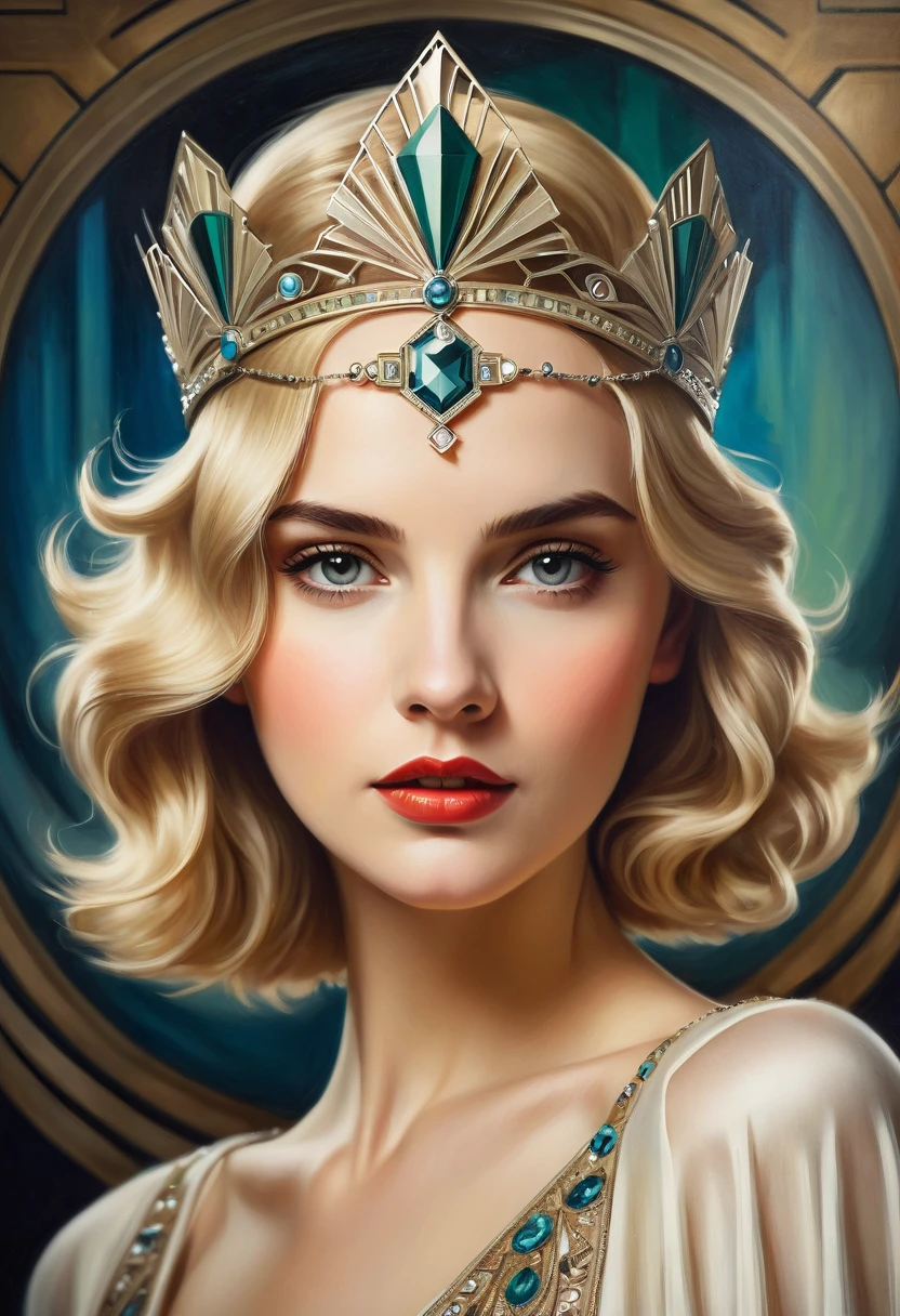 blonde woman with art deco crown, in the style of Elifcan, fantastic studio lighting, oil on canvas, beautiful details, sharp quality