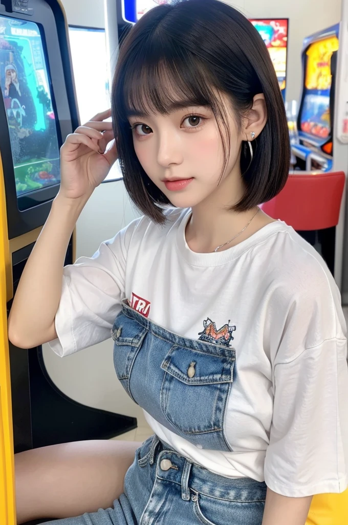 Game center, professional gamer, ((full body)), ((photo)), ((best qualtiy, 8K, tmasterpiece: 1.3)), Focus: 1.2, perfect figure beautiful girl: 1.4, 1girl, cowboy shot, look at viewer, eyes facing the camera, incredibly absurd, beautiful and cute girl with a photorealistic face, showcasing top-quality craftsmanship, A Japanese girl playing games at an arcade, 17 years old, with a bob cut, silky black hair, bangs cut at an angle to reveal her right eye, large eyes, a soft smile, tanned skin, thin and well-formed eyebrows, straight nose with a rounded tip, thin lips but a healthy, natural pink colour, small ears with pierced ears, a slender neck with a sharp jawline, a small face with well-formed facial features, fair, fine, translucent skin, long eyelashes that make the eye makeup stand out, eyes that are powerful but also kind, Well-aligned, white teeth, healthy, shiny skin and hair, friendly expression, , slender, well-balanced proportions, good posture, beautiful C-cup breasts, white character T-shirt, blue denim jacket, yellow shorts, white sneakers, silver earrings, tote bag with game character illustration printed on it, beautiful girl, moe, devilish type, sociable and easy to talk to, values teamwork, curious and adventurous, has a sense of humor, July