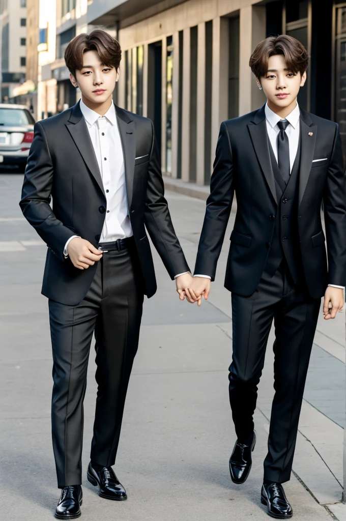Jungkook of bts and taehyung of bts holding hands in formal suit