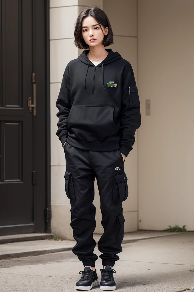with black cargo pants, a Lacoste sweatshirt and a Juliete