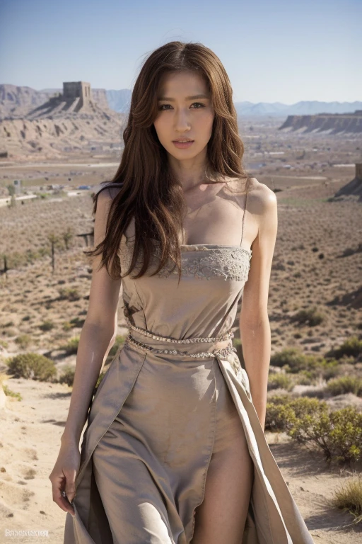 masterpiece, illustration, ((Huge military fortress of Babel made of carved stone，Standing in the distant desert land)),  Light blue sky, Sunlight, FOG, shadow, Dark grass with stones, Uninhabitable, barren land, nature, (Mountains), Unsaturated, (The queen in her gorgeous dress walked towards the castle in the distance，Vampire Queen，Detailed face，Perfect body)，Slender long legs