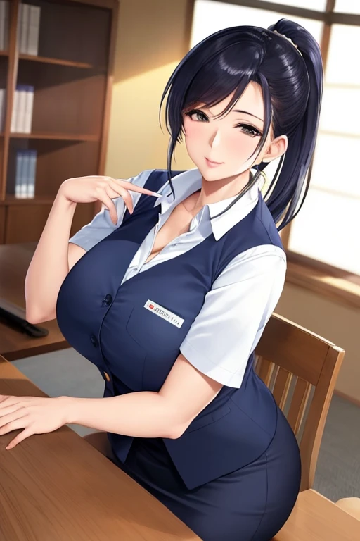 Mature woman in her early 40s、Japanese、ponytail、Beautiful Face、Office worker uniform、Navy blue vest、Pencil Skirt、 (whole body, Zoom out:1.1)