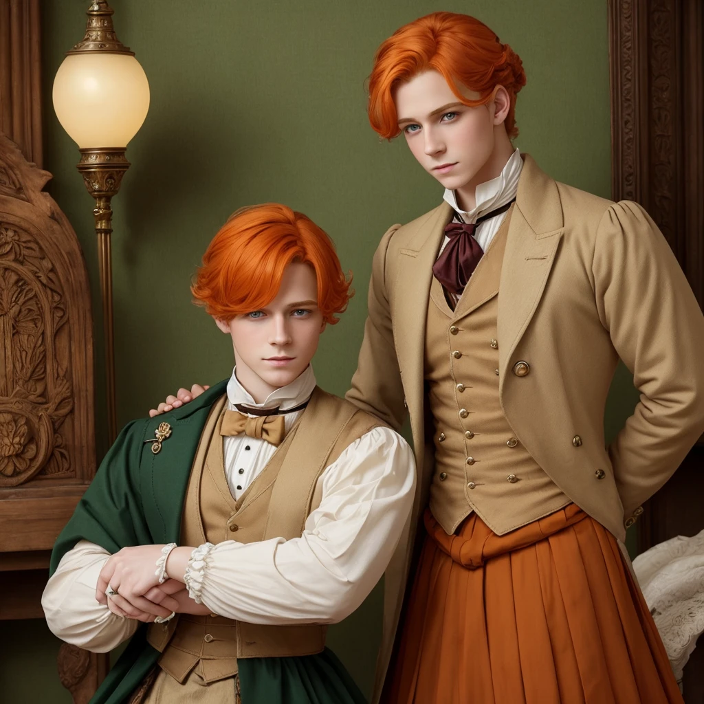 Fantasy prince orange hair and victorian beige clothes green eyes delicate scottish Effeminate