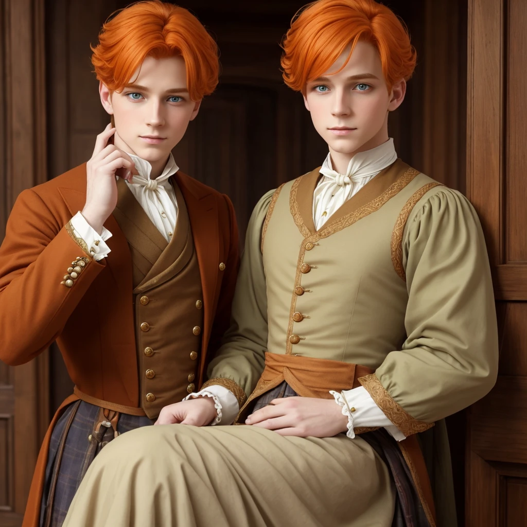 Fantasy prince orange hair and victorian beige clothes green eyes delicate scottish Effeminate