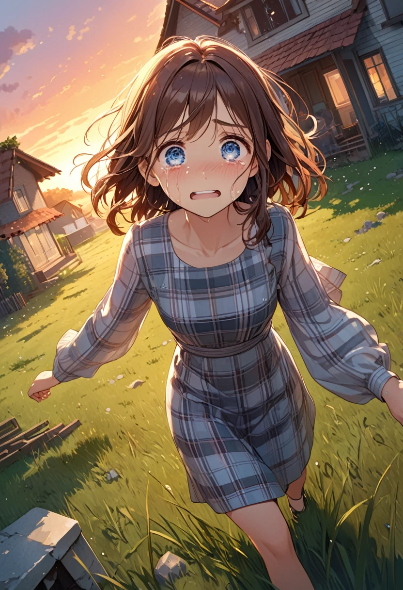 detailed illustration ,dynamic angle, ultra-detailed, detailed eyes, detailed face, grass, house, standing in yard, wife, [1girl, long brown hair, happy, long plaid dress, blue eyes, sad, tears, crying, worried, broken, weeping, sobbing, wet eyes, sunset]