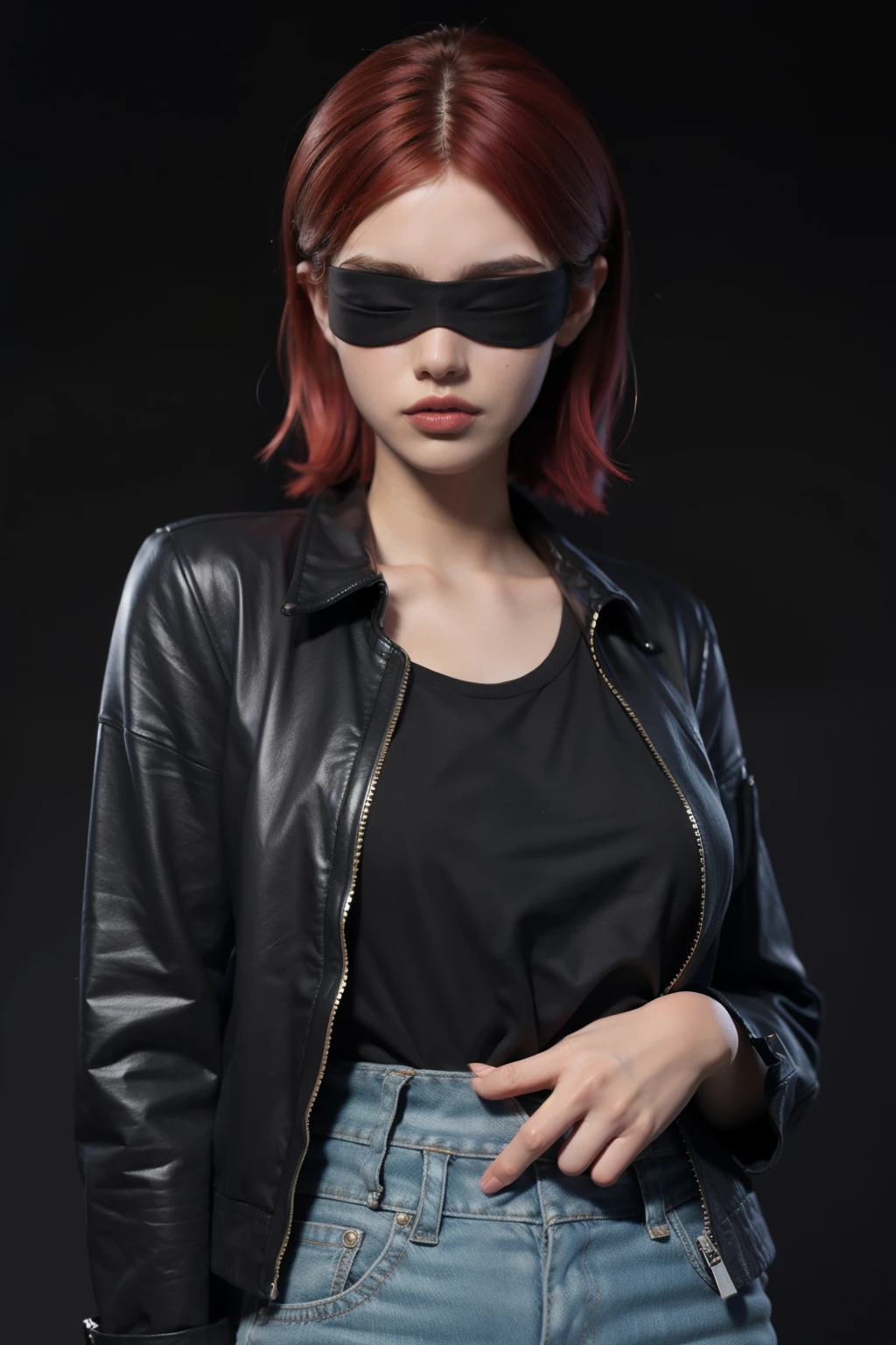 black t-shirt, undressing jacket, black background, waist up,
face forward, blindfold, red hair,